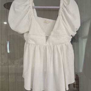 White Puff Sleeve Peplum Top - Elegant Neck